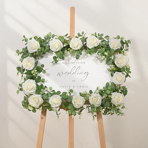 Dolicer Artificial Eucalyptus Garland with Flowers 2Pcs 13Ft White