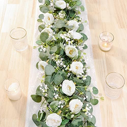 TOCHGREEN Artificial Eucalyptus Garland with White Roses 2 Pack