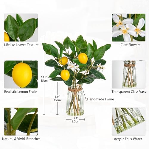 Oairse Artificial Lemon Stems in Glass Vase