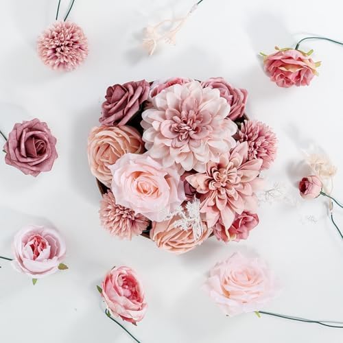 Dusty Pink Artificial Roses with Stems Bouquet Set