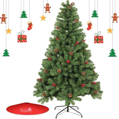 7FT Artificial Christmas Tree with Pine Cone and Red Fruit Foldable Metal Stand