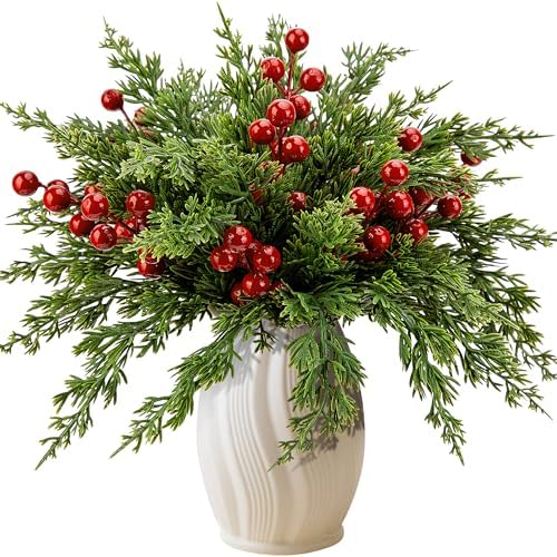Watayo 45 Pcs Christmas Artificial Pine Branches with Red Berries