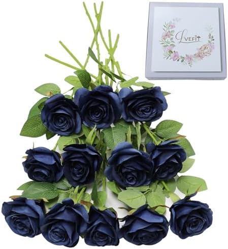 LVEFIT Artificial Rose Bouquet with 12 Pcs Long Stem Silk Roses Navy Blue
