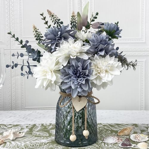 8 Blue and White Artificial Dahlias in Vase with Holder