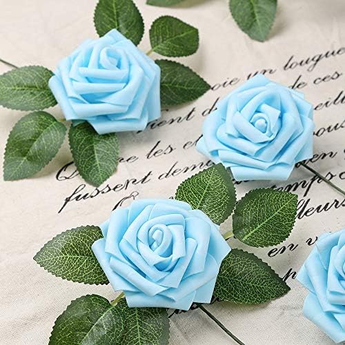 IPOPU 30pcs Baby Blue Roses Artificial Flowers with Stems