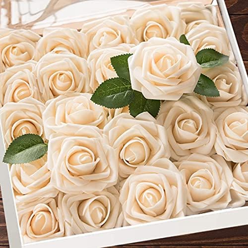 Higfra Artificial Champagne Roses with Stem 25 PCS