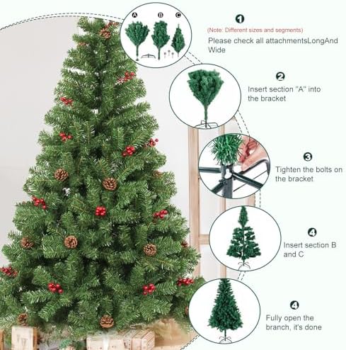 7FT Artificial Christmas Tree with Pine Cone and Red Fruit Foldable Metal Stand