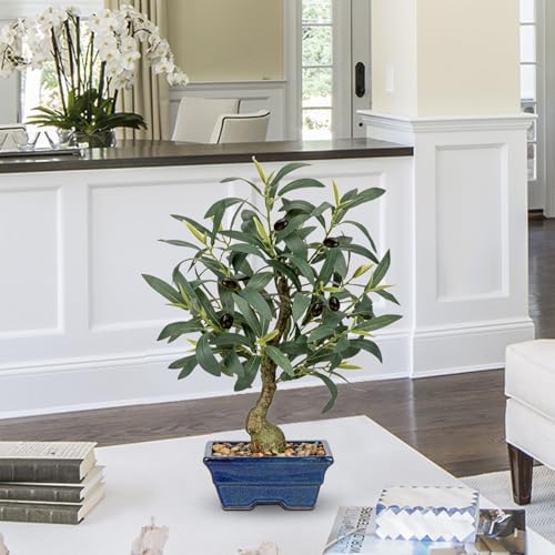 Briful 18 Inch Artificial Olive Tree with Blue Bonsai Pot