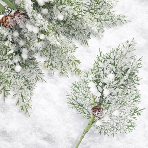 Lyrow 24 Pcs White Berry Christmas Artificial Cedar Branches with Snow