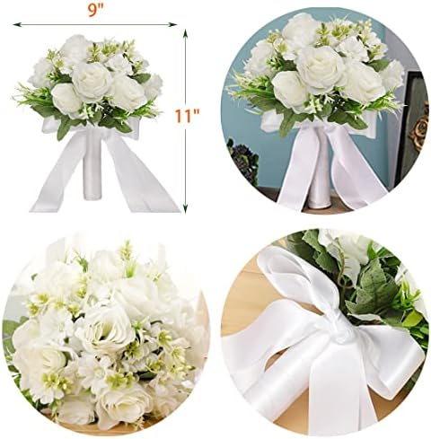 CYANLUX Artificial Wedding Bouquet with Roses and Pearls White