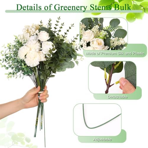 120 Pcs Mixed Artificial Eucalyptus Stems and Flowers Bundle