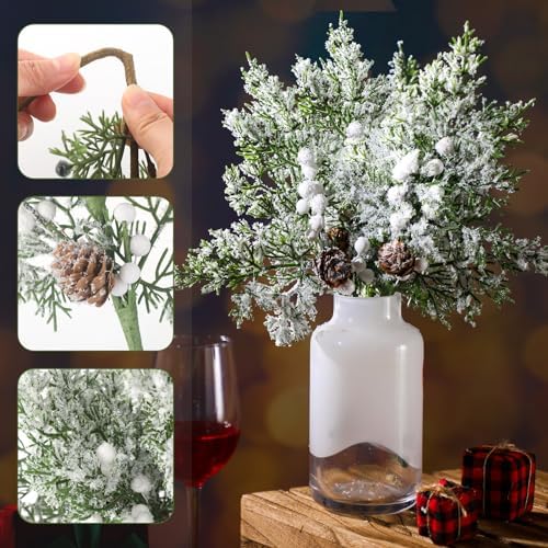 Lyrow 24 Pcs White Berry Christmas Artificial Cedar Branches with Snow
