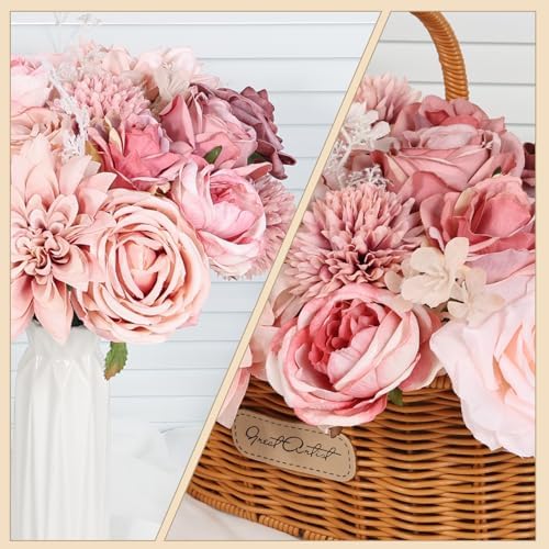 Dusty Pink Artificial Roses with Stems Bouquet Set