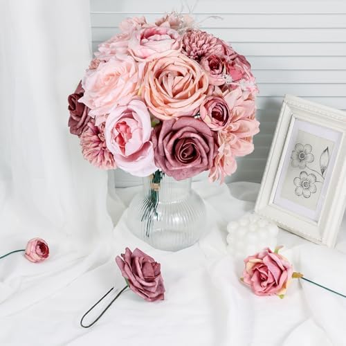 Dusty Pink Artificial Roses with Stems Bouquet Set