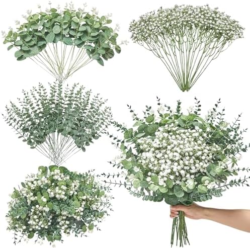 Serwalin 100 Pcs Mixed Artificial Eucalyptus Stems and Flowers