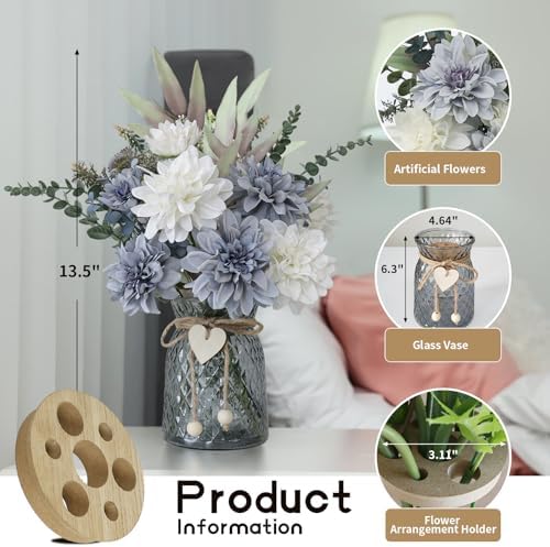 8 Blue and White Artificial Dahlias in Vase with Holder