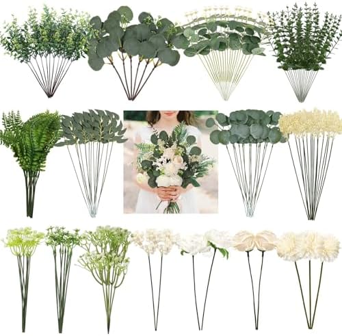 120 Pcs Mixed Artificial Eucalyptus Stems and Flowers Bundle