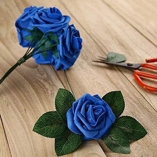 Higfra 25Pc Royal Blue Foam Fake Roses with Stems