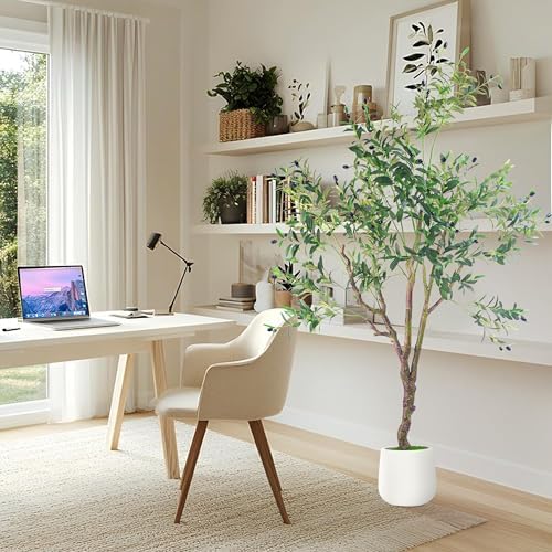 Faux Olive Tree 6FT Tall with White Planter and Lifelike Fruits