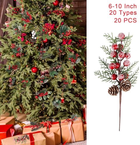 20 Pcs Artificial Christmas Tree Picks with 20 Styles