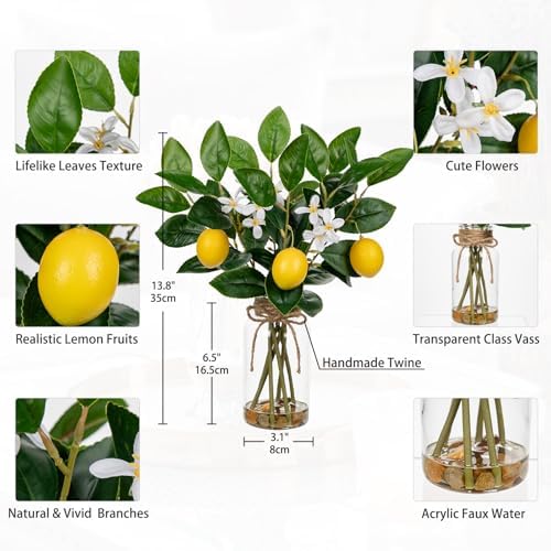 Oairse Artificial Lemon Stems in Glass Vase with Faux Water
