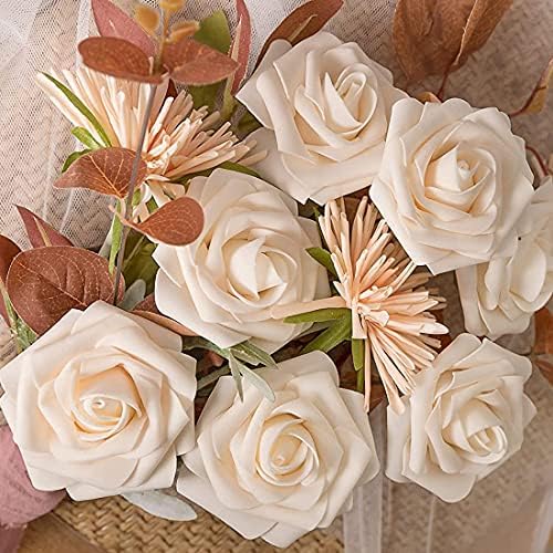 Higfra Artificial Champagne Roses with Stem 25 PCS