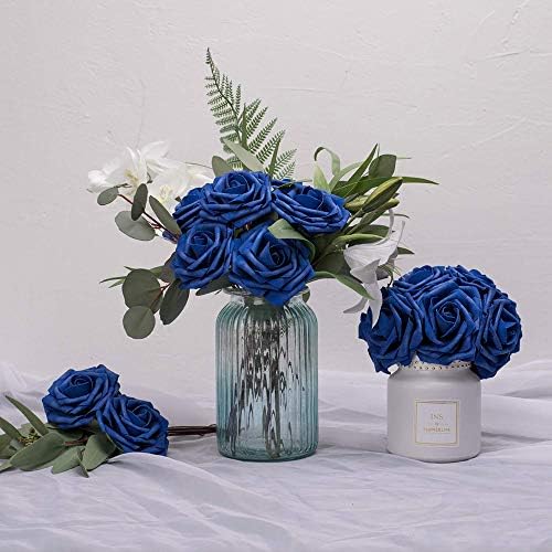 Higfra 25Pc Royal Blue Foam Fake Roses with Stems