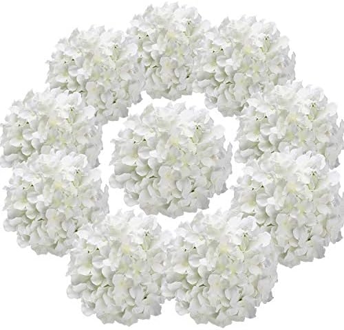 Flojery Silk Hydrangea Flower Heads with Stems Pack of 10 White