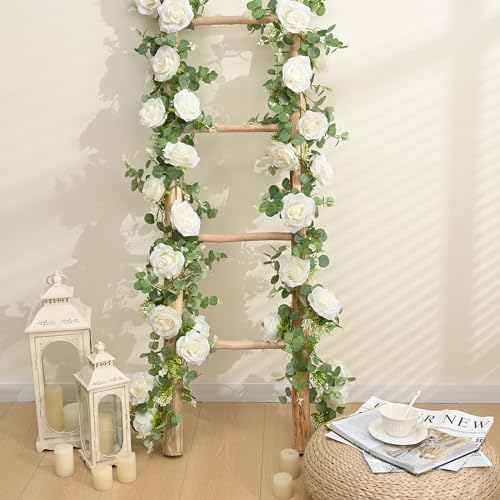 Dolicer Artificial Eucalyptus Garland with Flowers 2Pcs 13Ft White
