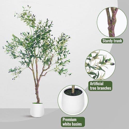 Faux Olive Tree 6FT Tall with White Planter and Lifelike Fruits