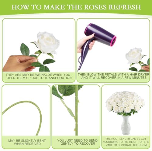 Hananona 50 Pcs Artificial Roses White Bulk