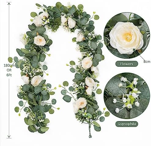 TOCHGREEN Artificial Eucalyptus Garland with White Roses 2 Pack