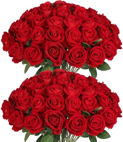 50PCS Artificial Red Roses for Wedding and Home Decor