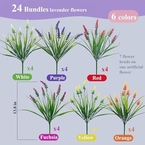 24 Bundles Artificial Lavender Flowers for Outdoor Decor