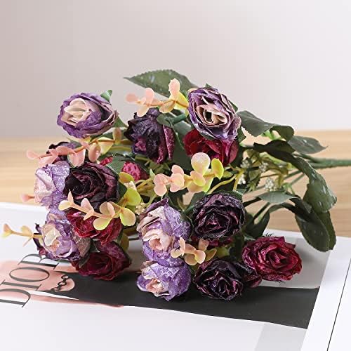 Duovlo 7 Stem 21 Mini Rose Artificial Flower Bouquet Pack of 2 Purple