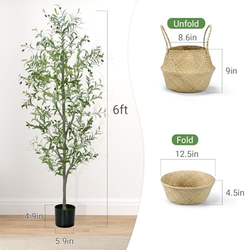 Liyarya 6FT Artificial Olive Tree with Wicker Basket and Black Pot