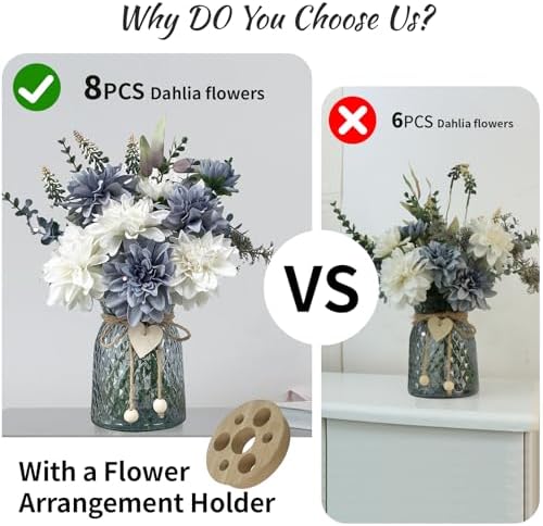 8 Blue and White Artificial Dahlias in Vase with Holder
