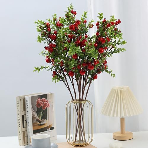 3 Pcs Artificial Pomegranate Branches with Red Berries and Green Leaves