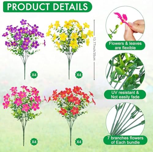 16 Piece Artificial Flowers Outdoor Decor UV Resistant