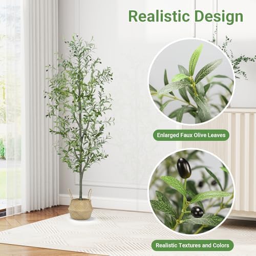 Liyarya 6FT Artificial Olive Tree with Wicker Basket and Black Pot