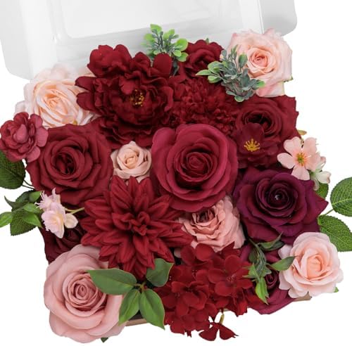 TINGE TIME Burgundy Silk Roses and Dahlias Artificial Flower Set