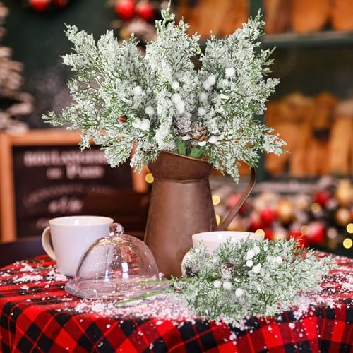 Lyrow 24 Pcs White Berry Christmas Artificial Cedar Branches with Snow