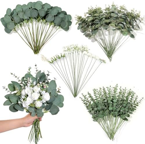 110 Pcs 7 Kinds Mixed Artificial Eucalyptus Stems and Flowers