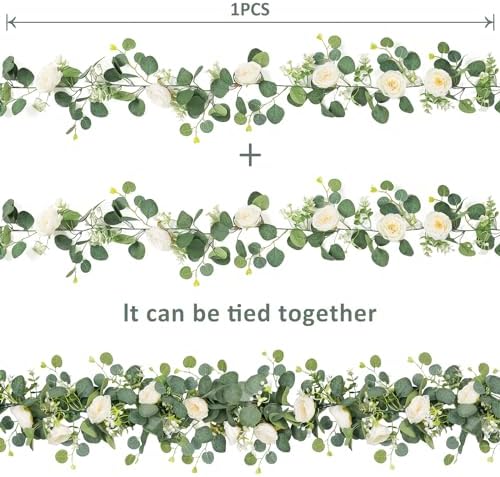 TOCHGREEN Artificial Eucalyptus Garland with White Roses 2 Pack