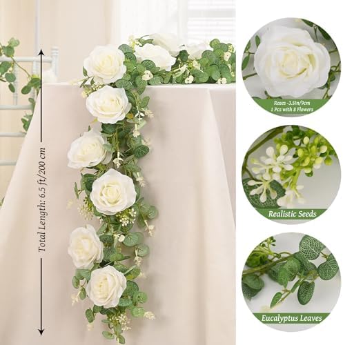 Dolicer Artificial Eucalyptus Garland with Flowers 2Pcs 13Ft White