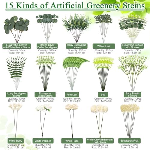 120 Pcs Mixed Artificial Eucalyptus Stems and Flowers Bundle