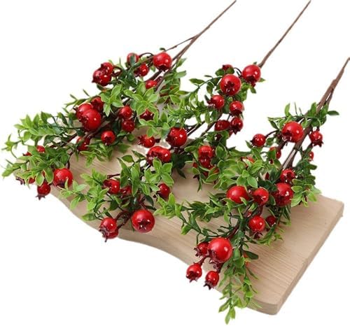 3 Pcs Artificial Pomegranate Branches with Red Berries and Green Leaves