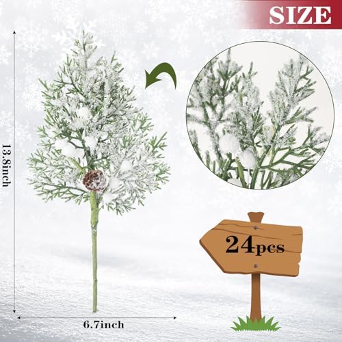 Lyrow 24 Pcs White Berry Christmas Artificial Cedar Branches with Snow
