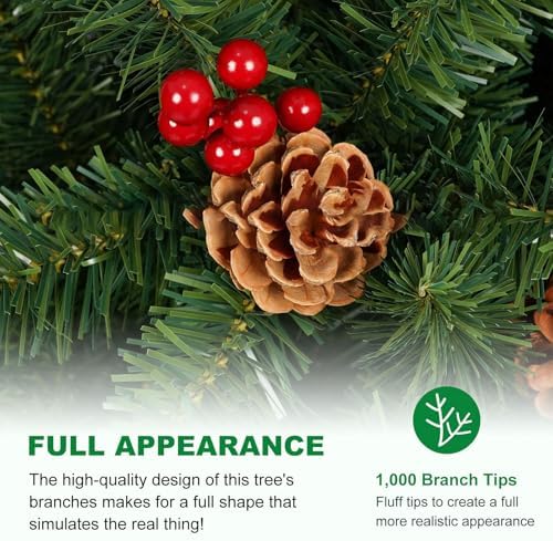 7FT Artificial Christmas Tree with Pine Cone and Red Fruit Foldable Metal Stand
