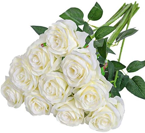 Nubry Artificial Silk White Rose Bouquet 10pcs Lifelike Wedding Decoration